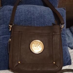 Michael Kors Brown Leather Crossbody with Gold MK Emblem